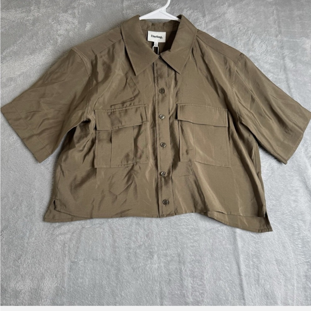 Darling Society Top Womens S Green Playful Modal Short Sleeve Button Lagenlook